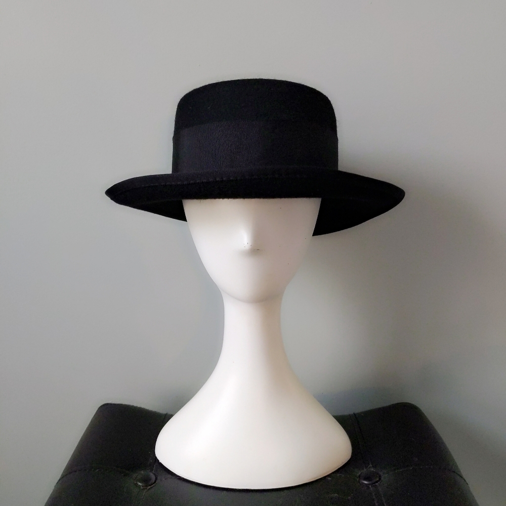 Vintage 1990s Classic Liz Claiborne Black Porkpie Wool Fedora Hat